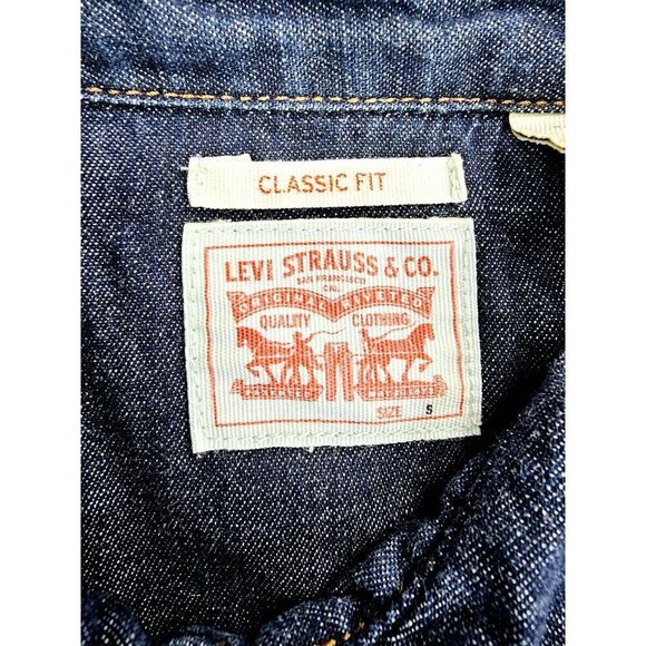 Levi's Classic Size Small Women Blue Pearl Snap Logo Tag Long Sleeve Denim Shirt - Picture 4 of 13
